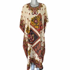 Kaftan Crepe Floral Embellished Kimono Lagenlook Maxi Dress Boho Eclectic OS
